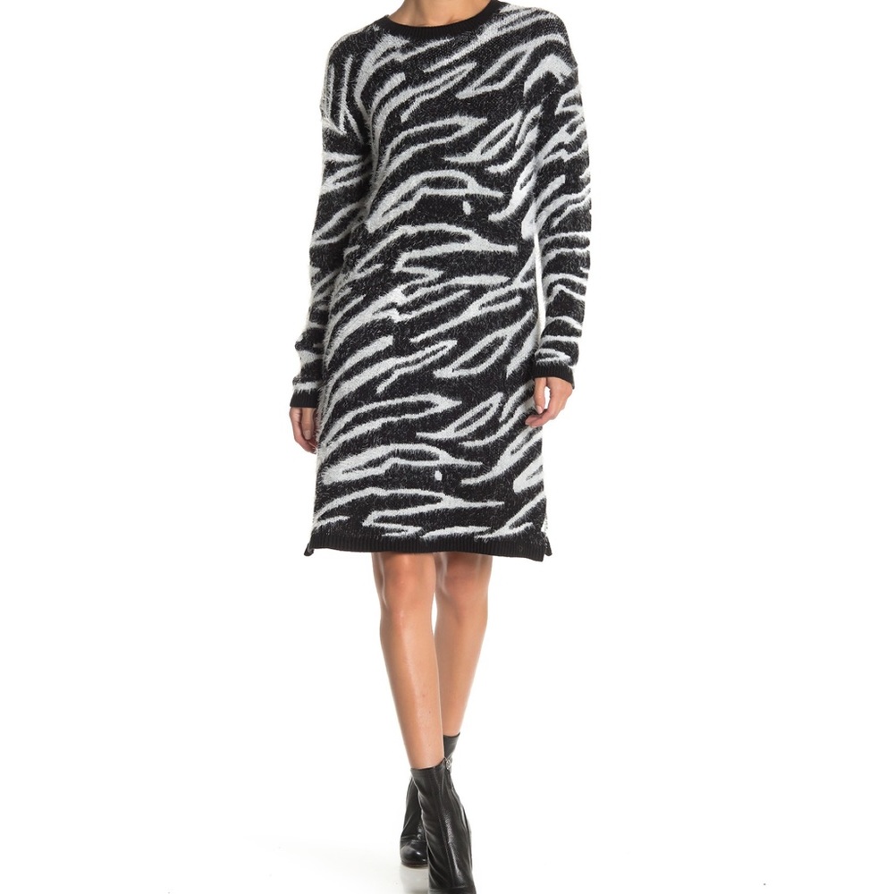Susina Crew Neck Jacquard Faux Fur Sweater Dress